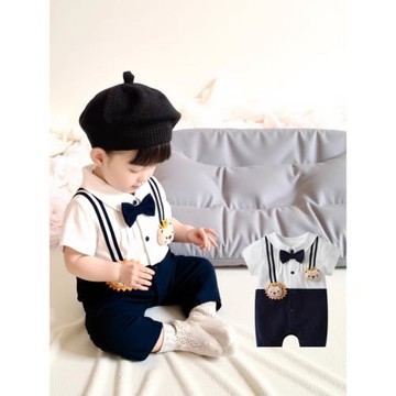 嬰兒衣服夏天連體衣短袖薄百天周歲禮服洋氣男孩寶寶夏季滿月紳士