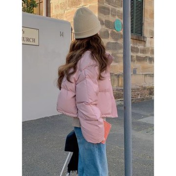 粉色pu皮短款羽絨服女冬2024新款小個子爆款蛋白皮厚外套流行洋氣