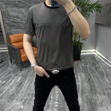 2023新款男士冰絲條紋短袖t恤時尚百搭大碼清爽透氣精品工藝顯瘦