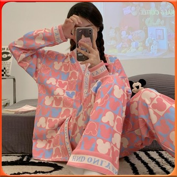 🥇台灣出貨🥇 春鞦款睡衣女開衫卡通簡約女士可外穿女士睡衣傢居服兩件套裝 ✨️滿額免運✨️147-12-B