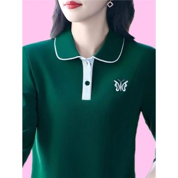 休閑polo領減齡媽媽裝2025年秋季新款洋氣顯瘦正肩中年長袖t恤女