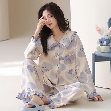 【藍尼居家】★拼接荷葉邊兩件式居家睡衣(女睡衣/家居服/舒適/兩件式)