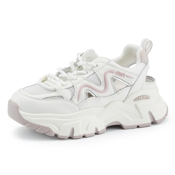 TAS 舒適透氣簍空真皮綁帶厚底休閒鞋 白+紫 #44720