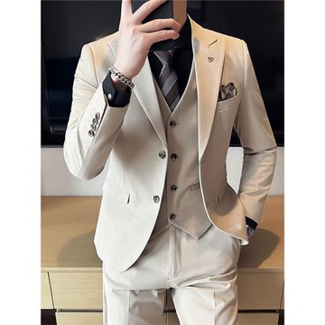 (免運)英倫風淺卡其色西裝男套裝結婚禮服訂婚高級感新郎西服男修身休閑