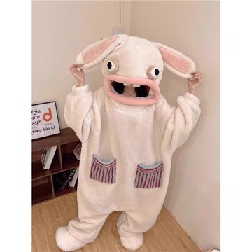 瘋狂的兔子連體睡衣學生秋冬季搞怪抽象連帽睡袍珊瑚絨加厚玩偶服