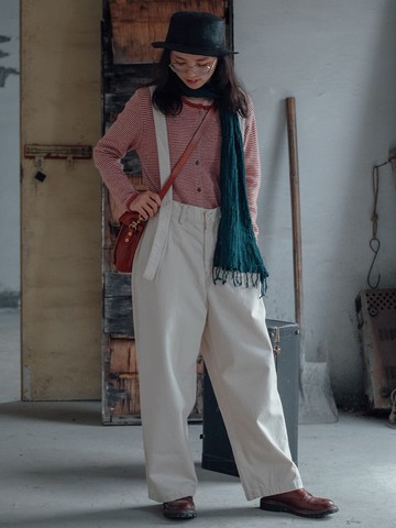 桑油絲白 直筒褲 寬鬆百搭棉復古休閒簡約背帶褲 吊帶長褲