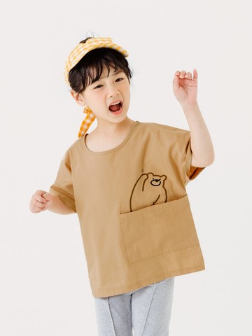 純棉大口袋可愛熊熊印花寬鬆短袖上衣