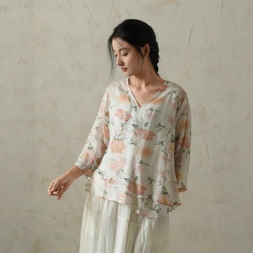 苧麻印花斜門襟襯衫