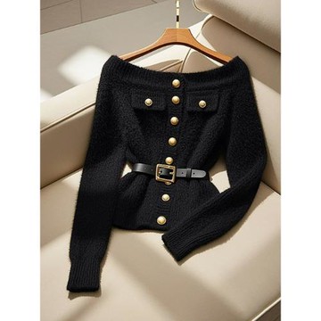 高級感輕奢風黑色一字肩長袖針織毛衣女氣質通勤收腰顯瘦百搭上衣