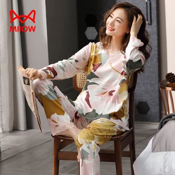 貓人V領睡衣女士春秋款秋季純棉長袖家居服全棉夏季薄款大碼套裝