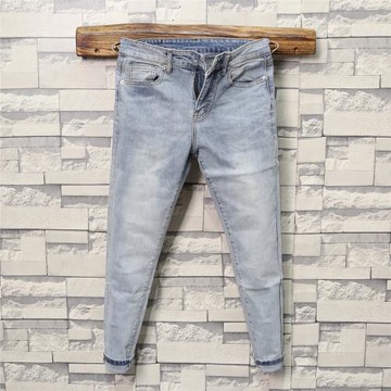 淺色牛仔褲男士韓版潮流修身彈力小腳褲簡約磨白青年百搭九分長褲