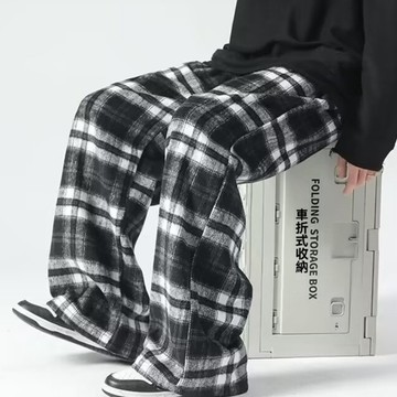 【Comoon】VINTAGE 日系休閒 格紋長褲 格子褲 闊腿褲 寬褲 休閒長褲 復古長褲 褲子 長褲 格紋