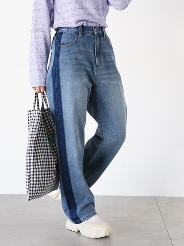 復古配色滾邊直筒牛仔長褲(FF41L0F0480) - ehka sopo