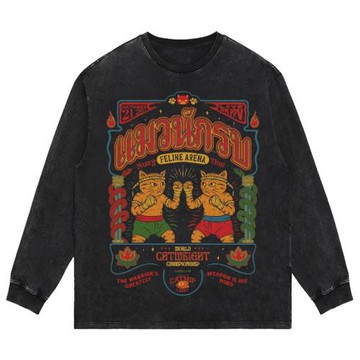 拳擊貓貓比賽 美式復古Vintage tee水洗做舊純棉短袖T恤男女衛衣