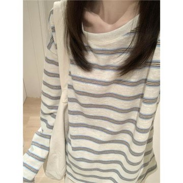 慵懶圓領條紋長袖T恤女2026春夏新款松弛感寬松打底衫百搭上衣nis
