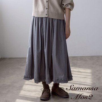 Samansa Mos2 Yubeshi聯名款-下襬荷葉邊褶皺氣質長裙(0F001234410)