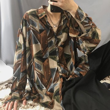 【老林】花色複古 港風印花襯衫男 長袖 寬鬆 港味設計感小衆上衣 雪紡衫女薄款 超火