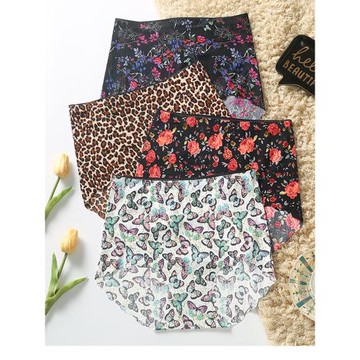 胖mm豹紋高腰內褲女士印花冰絲無痕收腹提臀大碼棉襠媽媽三角褲頭