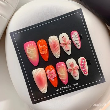 ✨Hannah✨純手工穿戴甲短款ins立體手工捏花3D法式甜酷歐美風成品純手工穿戴甲 68BI