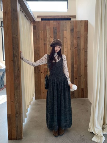 【韓國】晚曦之吻網紗波點上衣針織洋裝套裝-92747