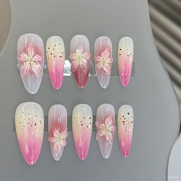 ✨Hannah✨純手工【冰百閤】夏季爆款高級立體浮鵰花朵粉色黃色暈染穿戴甲精緻穿戴甲 M3QI