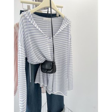 夏日多巴胺連帽防曬衫女夏季藍色條紋t恤寬松長袖慵懶風罩衫上衣