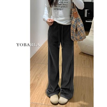 深灰色闊腿運動休閑褲女春季新款大碼胖mm寬松垂感顯瘦直筒衛褲子