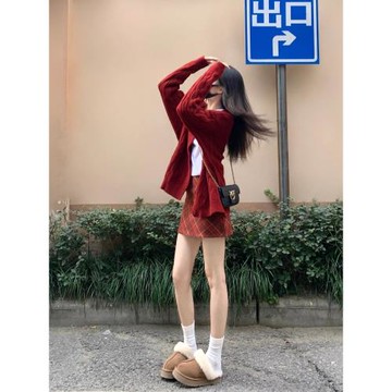 紅色毛呢格子半身裙女秋冬高腰a字小眾慵懶新年圣誕短裙小個子