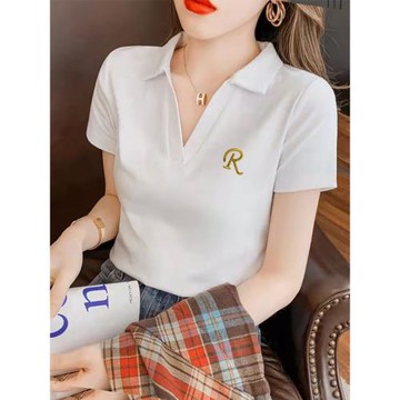 歐洲站時尚翻領V領短袖字母刺繡T恤夏季顯瘦個性百搭減齡運動上衣