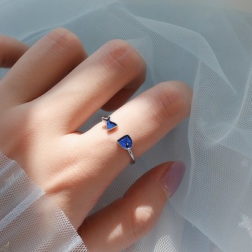 925純銀藍色小魚戒指女可愛超萌甜美裝飾品少女可調節大小食指戒