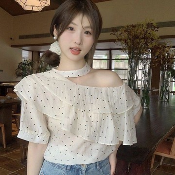 洋裝日韓系夏季新款寬鬆甜美氣質上衣簡約波點露肩荷葉邊掛脖襯衫女雪紡衫潮