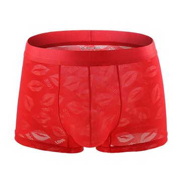 男士內褲冰絲無痕平角蕾絲夏季紅色超薄透氣透明性感平角褲男四角