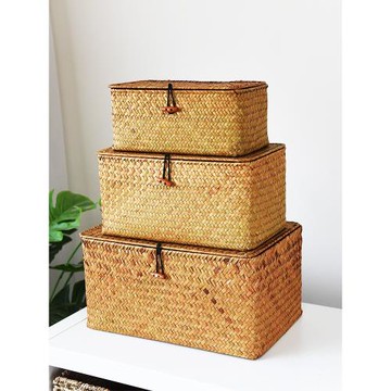 海草編織籃零食收納箱收納盒整理箱竹籃藤編收納筐竹編籃帶蓋竹筐