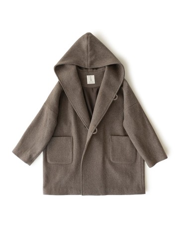 日本製淺咖褐雙面羊毛 厚實經典斗篷感翻領戴帽外套