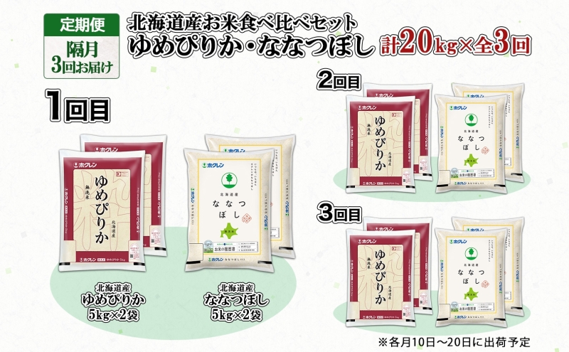 定期便 隔月3回 北海道産 ゆめぴりか ななつぼし 食べ比べ セット 無洗米 5kg 各2袋 計20kg 米 特A 白米 お取り寄せ ごはん ブランド米 ようてい農業協同組合 ホクレン 送料無料 北海道 倶知安町