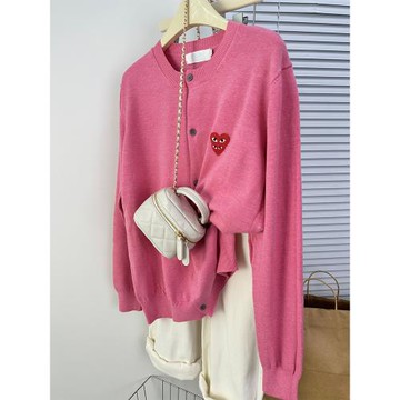 2025春秋新款日系刺繡紅愛心針織開衫女低圓領粉色長袖毛衣外套