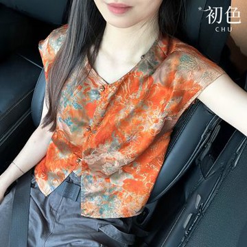 初色 復古新中式緹花圓領短袖襯衫上衣女上衣-橘色印花-13856(M-2XL可選)