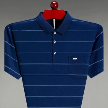 2022夏裝爸爸T恤短袖中年男士有口袋絲光棉條紋POLO衫上衣