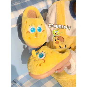 男女冬季正版聯名可愛海綿寶寶棉拖鞋情侶居家防滑保暖毛絨月子鞋