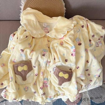 【奶黃布丁狗娃娃領】法蘭絨睡衣 珊瑚絨睡衣 冬天睡衣 女保暖 可愛睡衣 居家服 家居服 兩件套 秋冬季加厚法蘭絨居家服