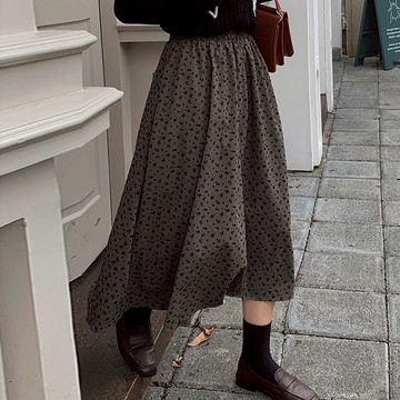 中大尺碼 長裙 壓皺紋理植絨小花A字半身裙【041942】OCT19｜3色  19LADY〔現貨〕