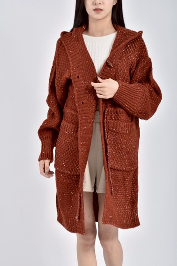 (XL) 質感針織連帽長版橘色外套