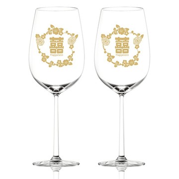 文字雕刻|訂製復古囍設計紅酒對杯 客製化新婚禮物訂製雕刻禮物