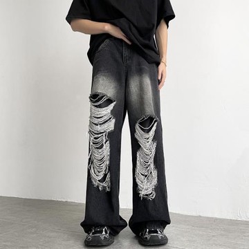 街頭膝蓋破洞毛邊牛仔長褲男士夏季寬松直筒設計感闊腿拖地喇叭褲