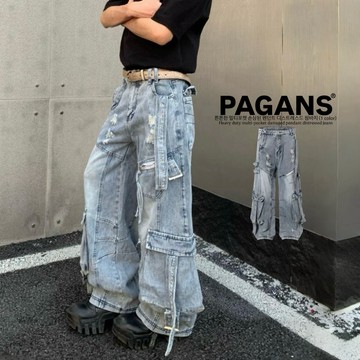 【PAGANS STORE】美式 復古 做舊 重工 多口袋 刷痕 破壞 吊墜 解構 工裝 寬版 闊腿 牛仔褲 牛仔 長褲