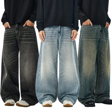 【新品】美式經典水洗貓須彎刀牛仔褲男女寬松廓形vintage長褲子