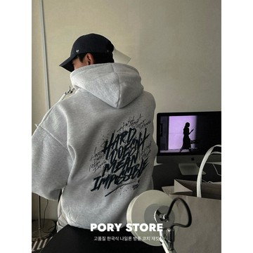 【PORY STORE】韓系草寫長袖帽T 加絨 實拍 重磅 420克 保暖長袖 寬鬆 落肩 男生 帽T 大學T 男女可穿