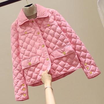韓國粉色新款小香風菱格輕薄棉服外套女秋冬短款保暖羽絨棉衣棉襖