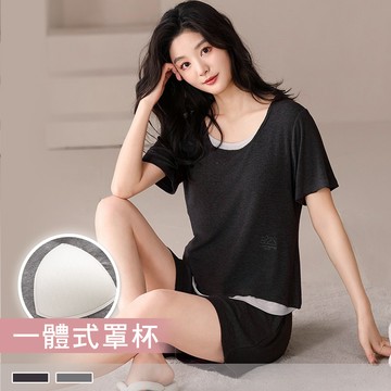 成套睡衣【罩杯式】雲灰小貓 撞色涼爽螺紋短袖短褲 居家服 25873