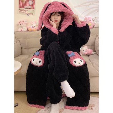 連帽睡袍冬季加絨加厚2024年新款三層夾棉珊瑚絨睡衣女家居服套裝